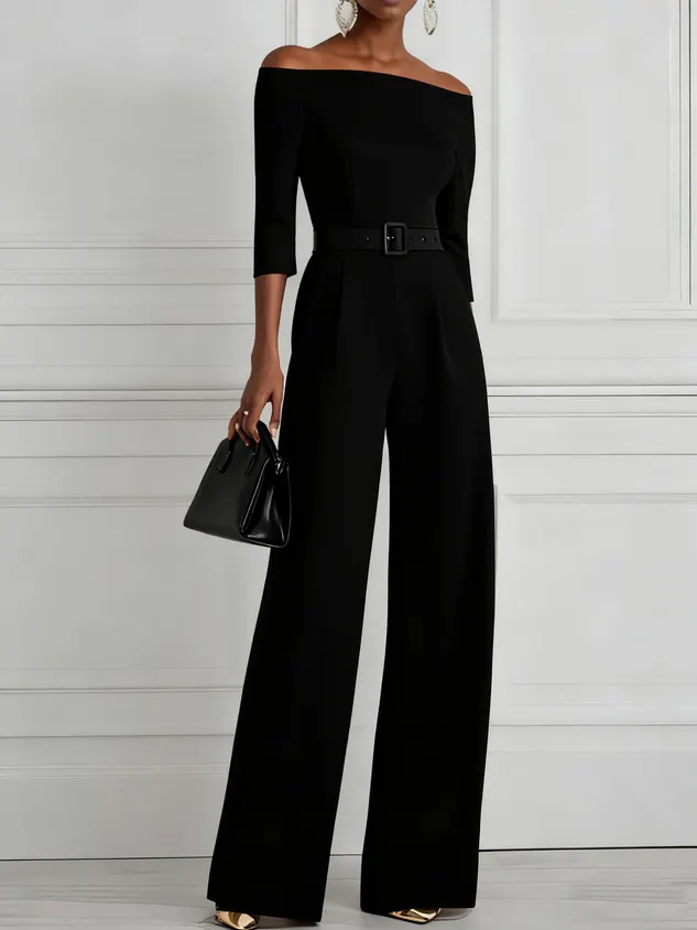 Women White Off The Shoulder Half Sleeve Dressy Jumpsuit With Pockets