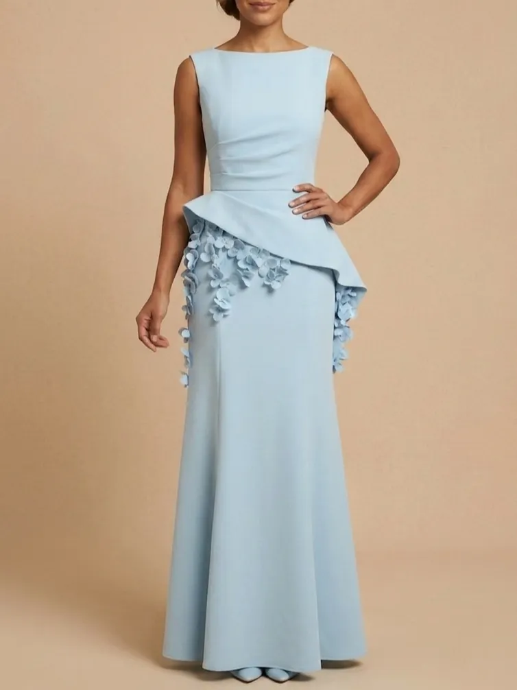 Light Blue Peplum Floral Appliqué Maxi Mother of the Bride Dress