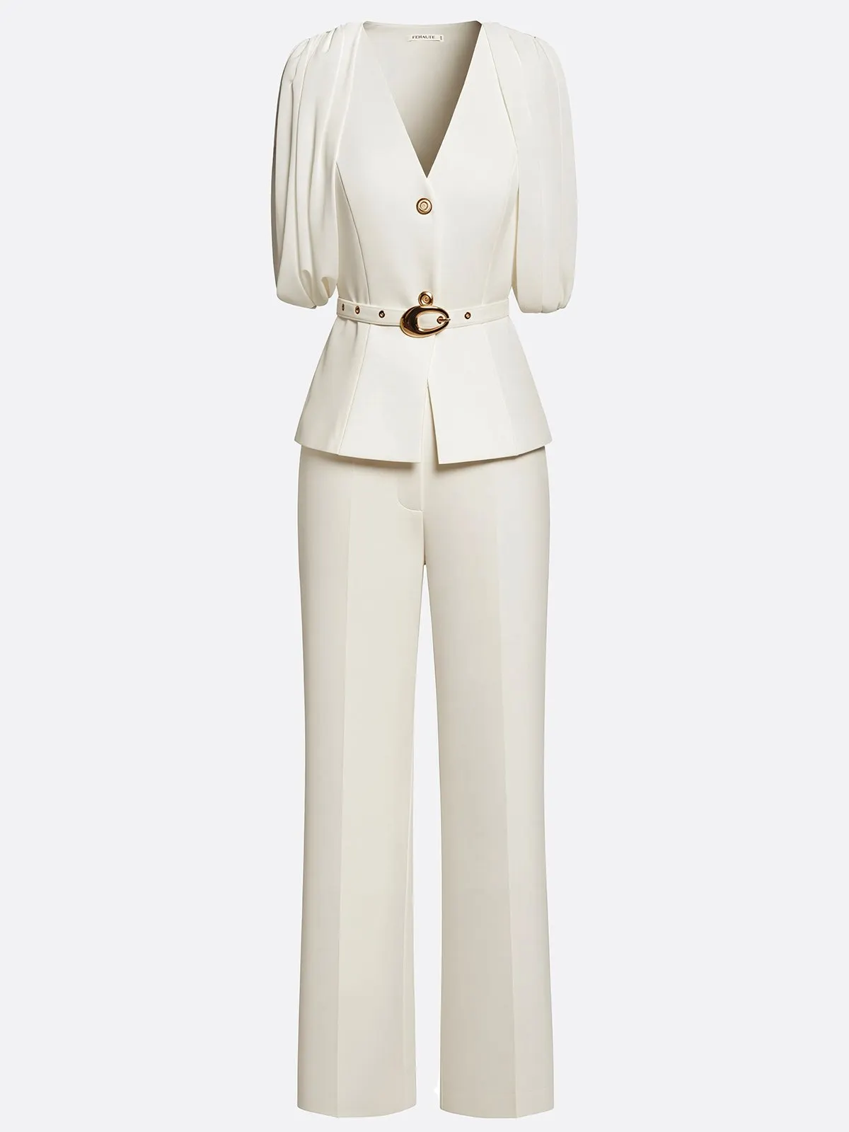 Women White V Neck Sleeveless Elegant Coat With Pants Two-Piece Set