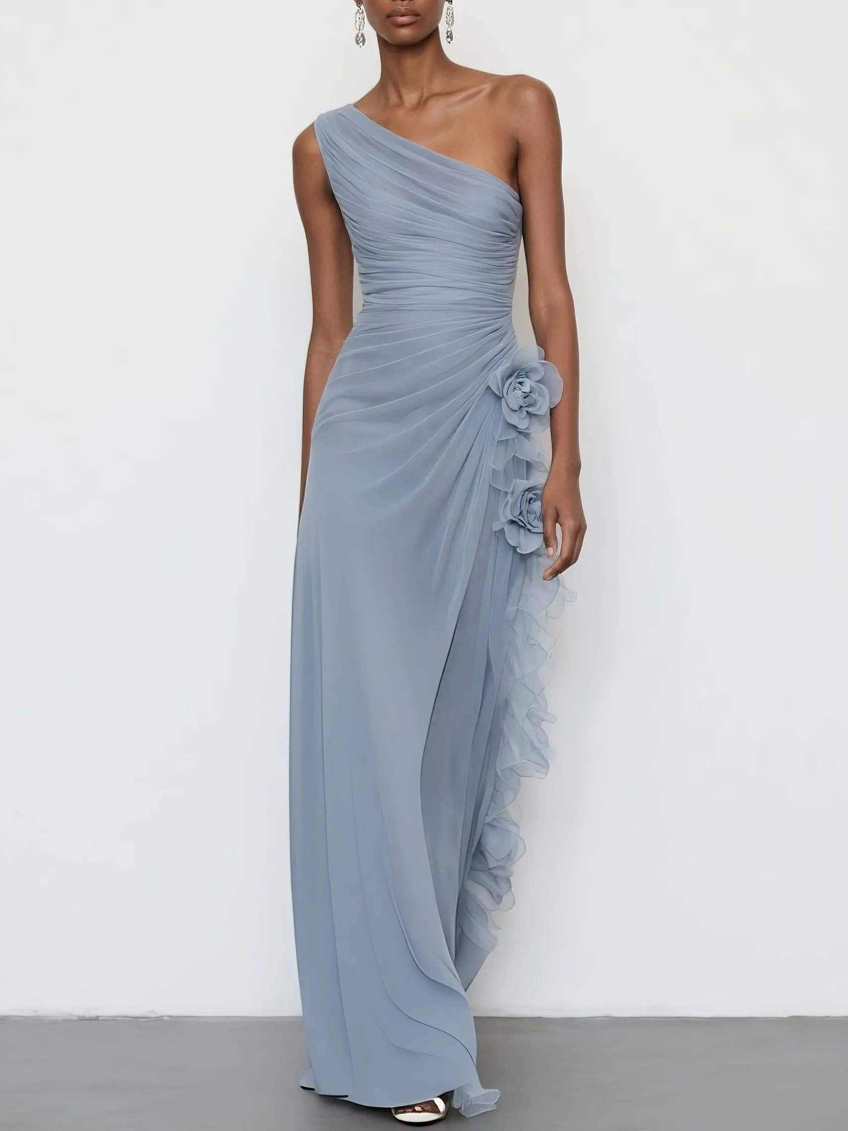 Light Blue 3D Floral Chiffon One Shoulder Sleeveless Sheath Maxi Dress - Light Blue