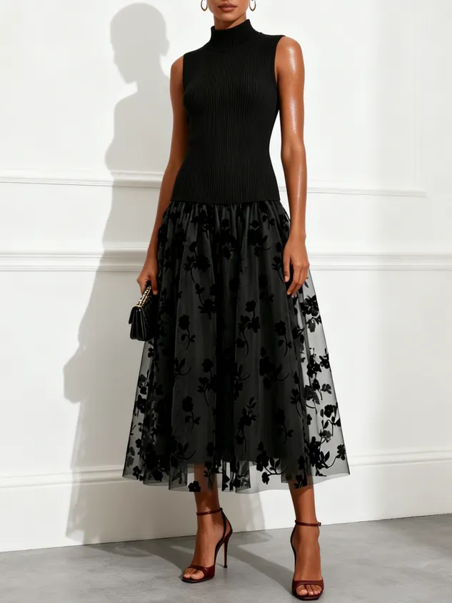 Navy Blue Flocked Knit High Neck Sleeveless A-Line Maxi Dress