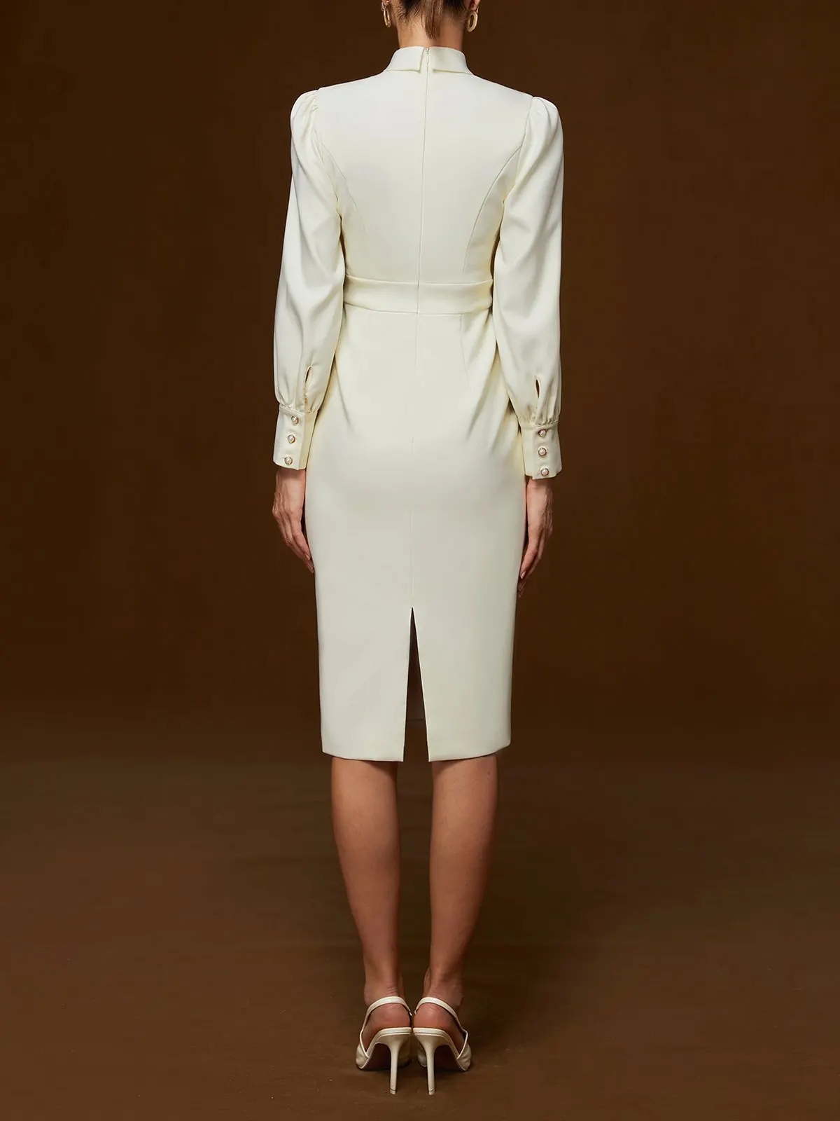 Off White Bow Classic Crew Neck Long Sleeve Sheath Midi Dress