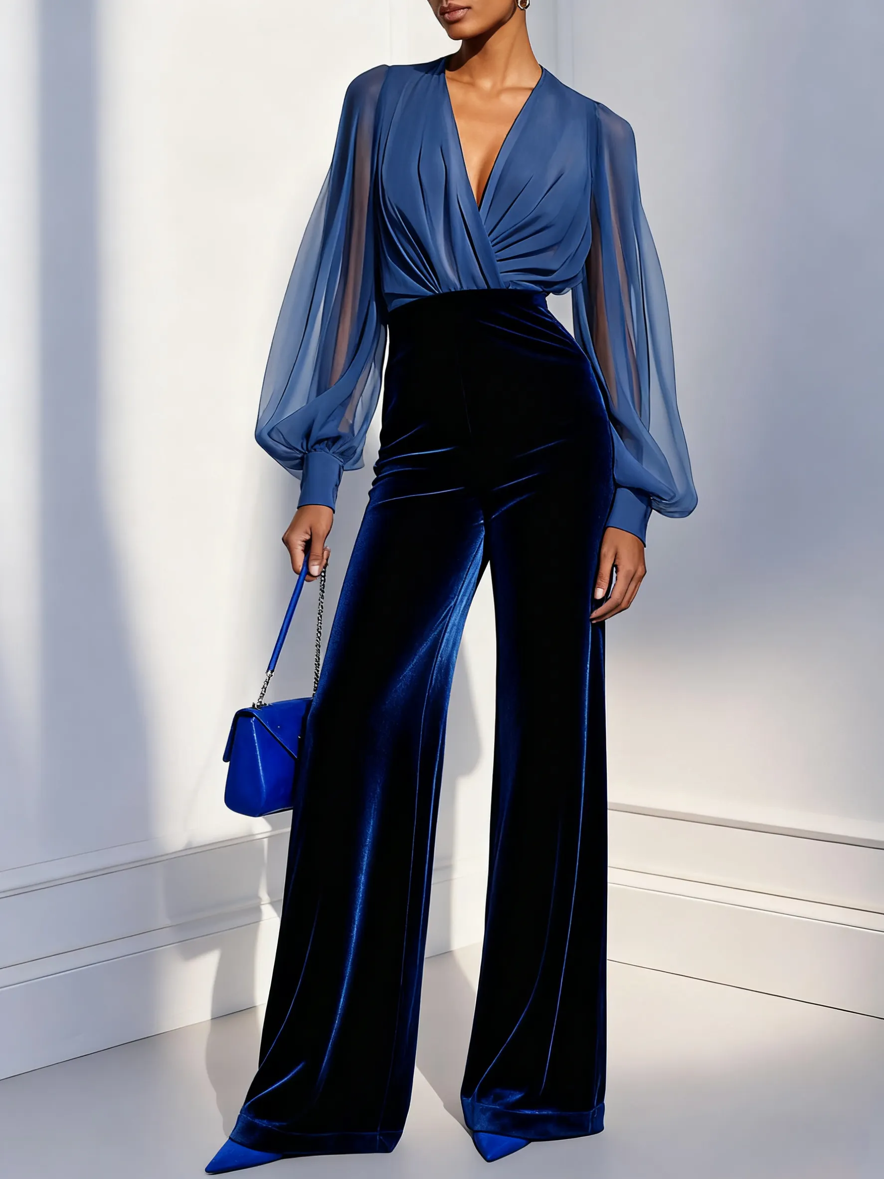 Women  Royal Blue Mesh  V Neck Long Sleeve Velvet Jumpsuit