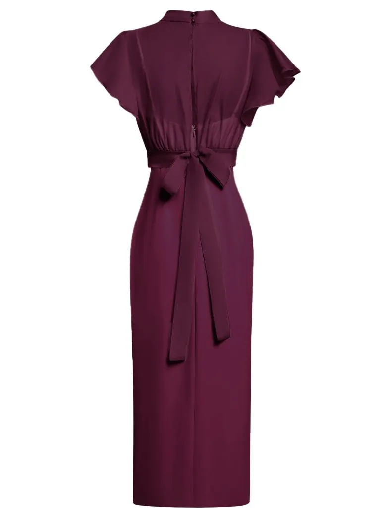Women Burgundy Mock Neck Short Sleeve Dressy Dress With Top Two-Piece Set