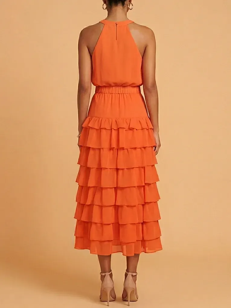 Burnt Orange Halter Tiered Ruffle Maxi Bridesmaid Dress - Orange