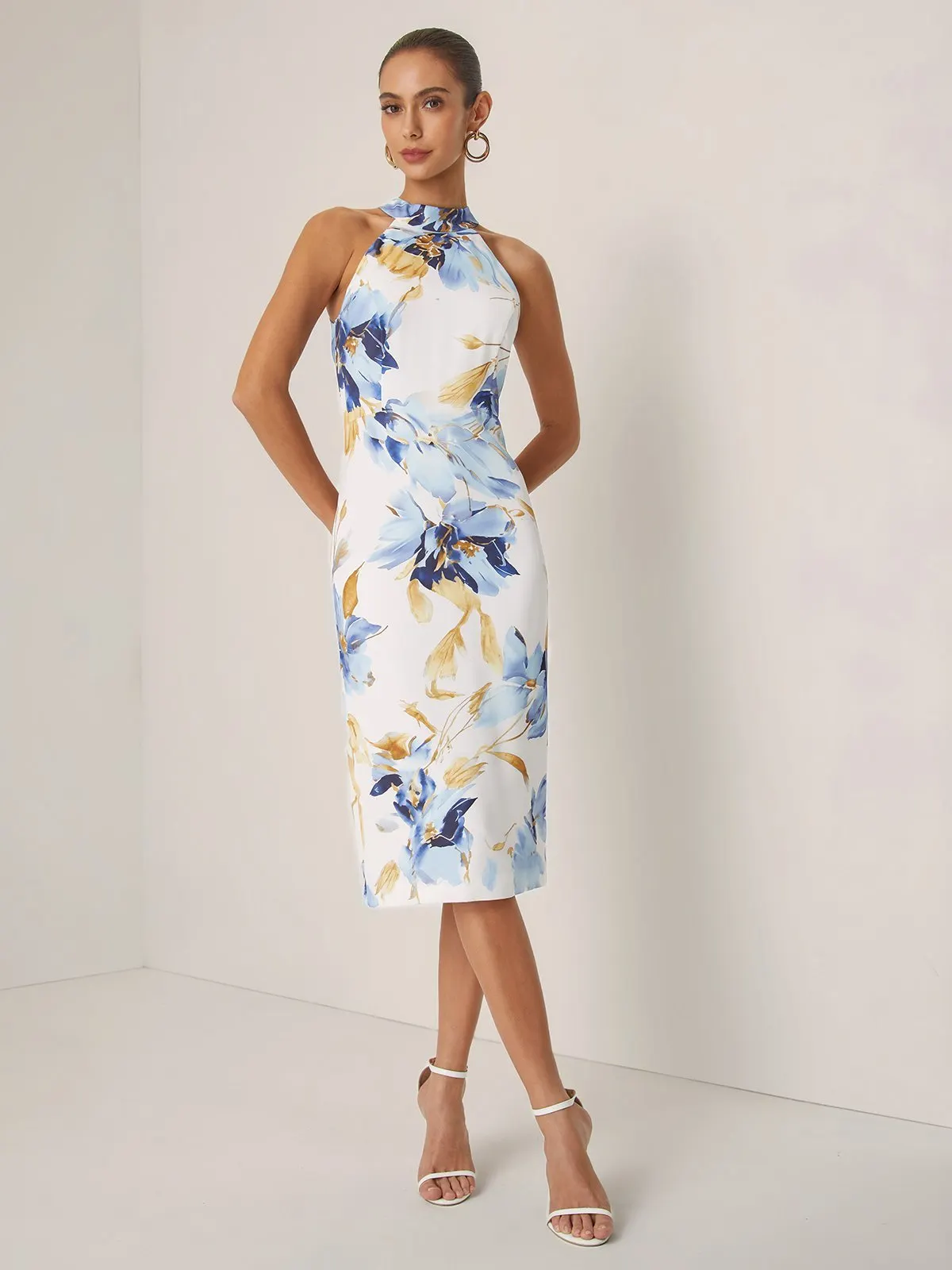 Blue Floral Satin Halter Neck Sleeveless Sheath Midi Dress