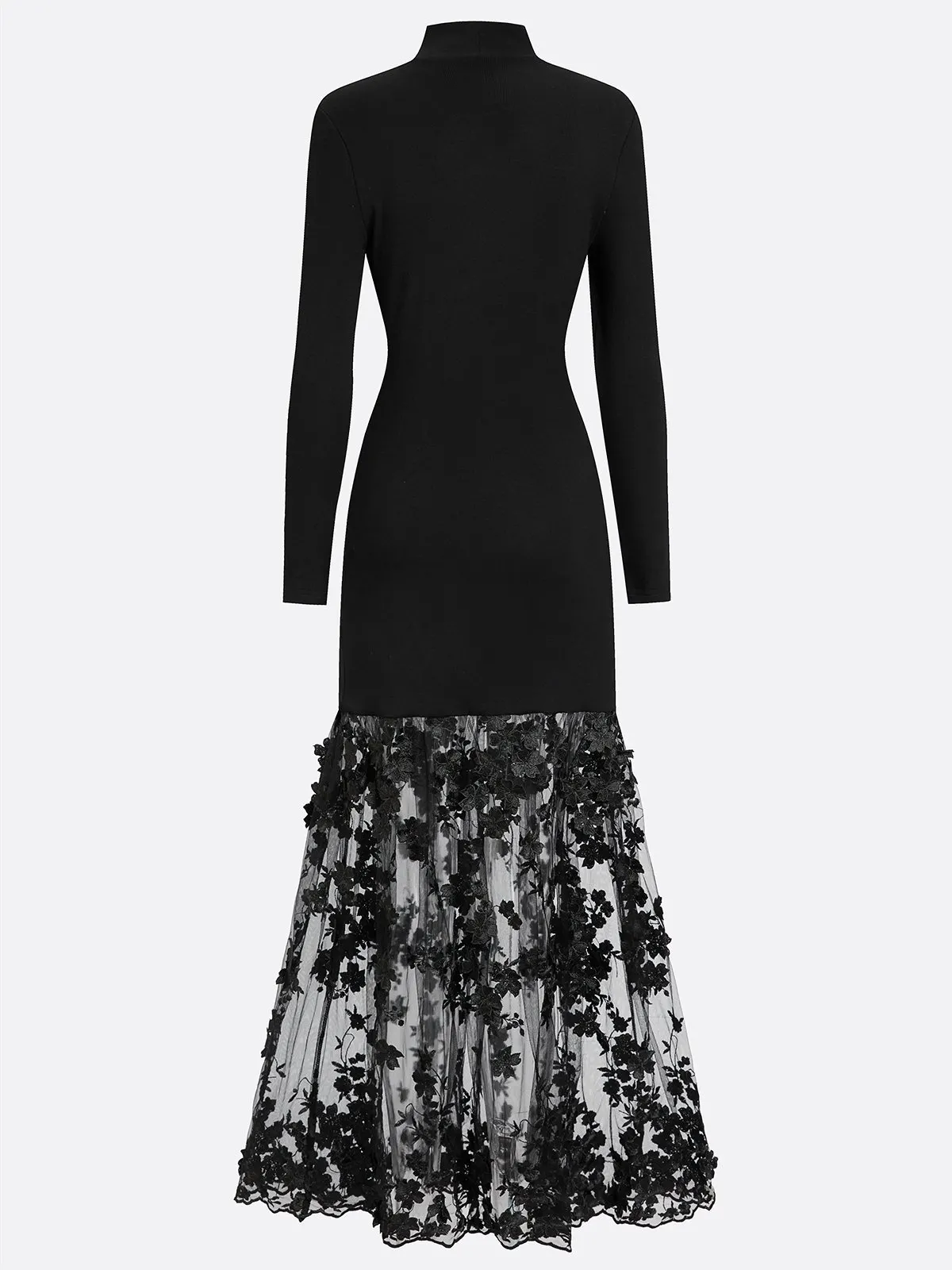 Black Mesh Floral Appliqué Knit Mock Neck Long Sleeve A-Line Maxi Dress
