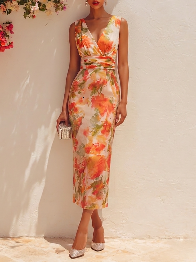 Orange Floral Chiffon V Neck Sleeveless Sheath Midi Dress
