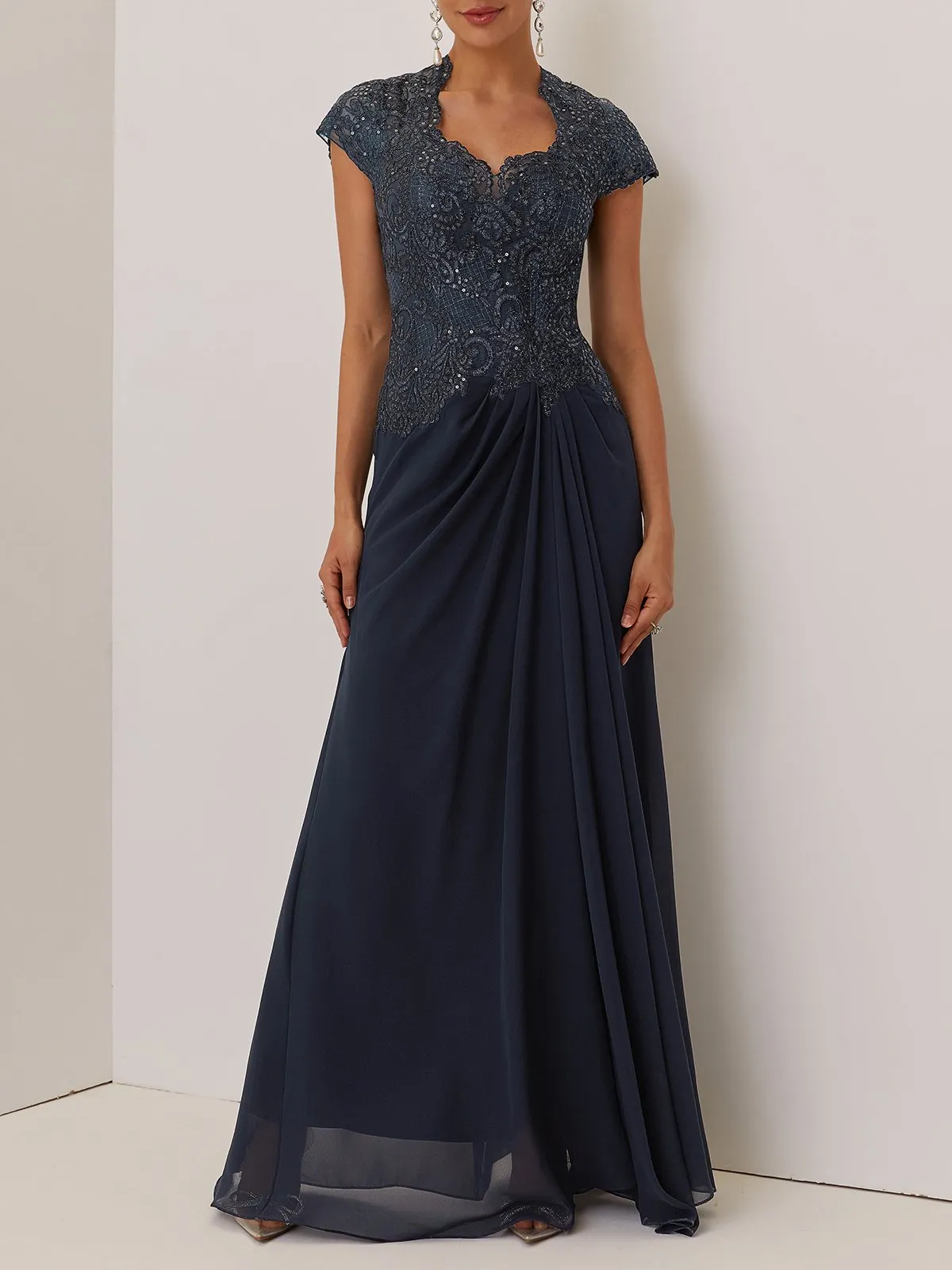Purplish blue Sequin Lace Chiffon Dress Sweetheart Neckline Short Sleeve A-Line Maxi Mother of the Bride or Groom Dress