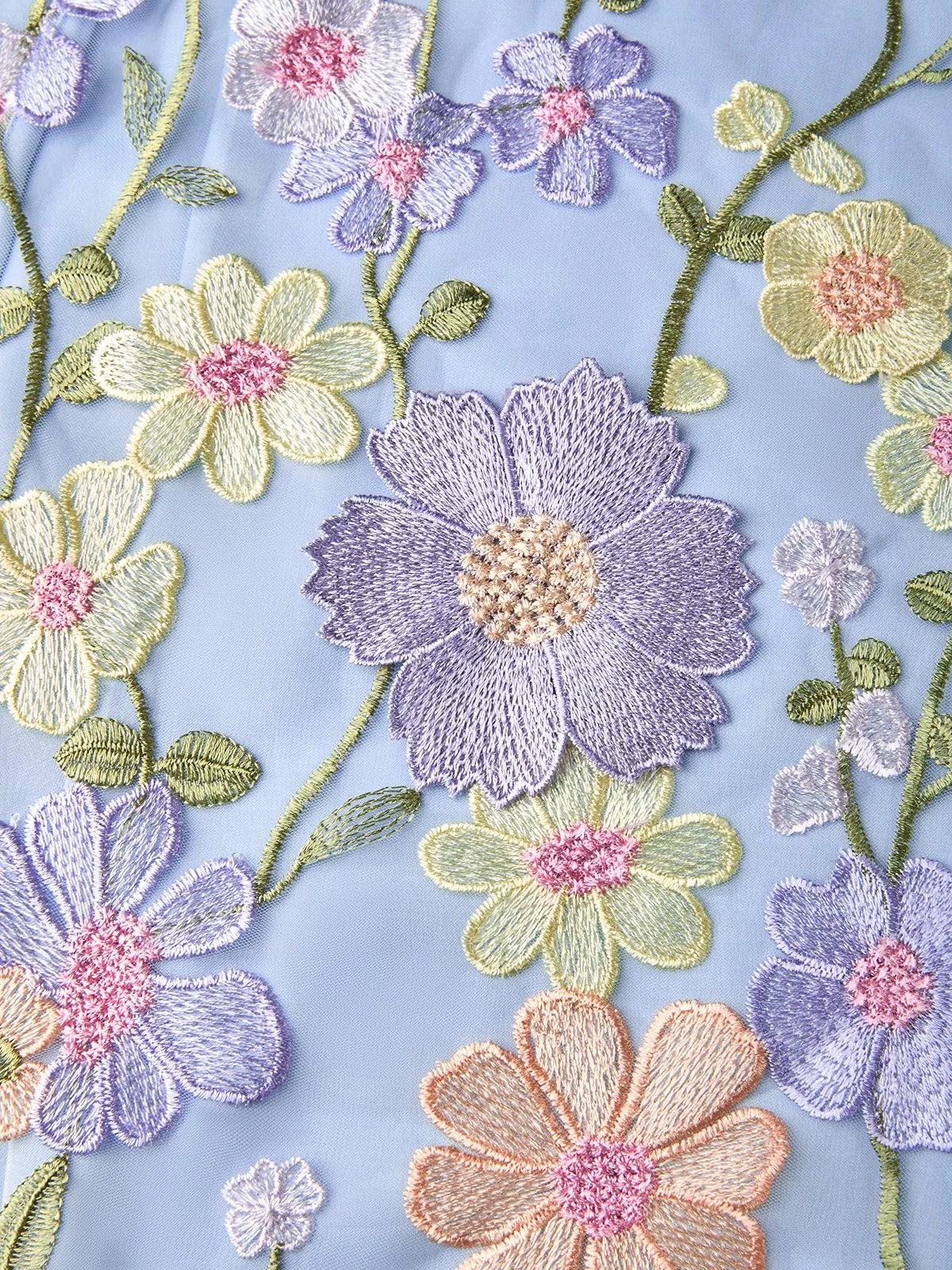 Light Blue Floral Appliqué Embroidered Classic V Neck Sleeveless A-Line Floor-length Gown Dress