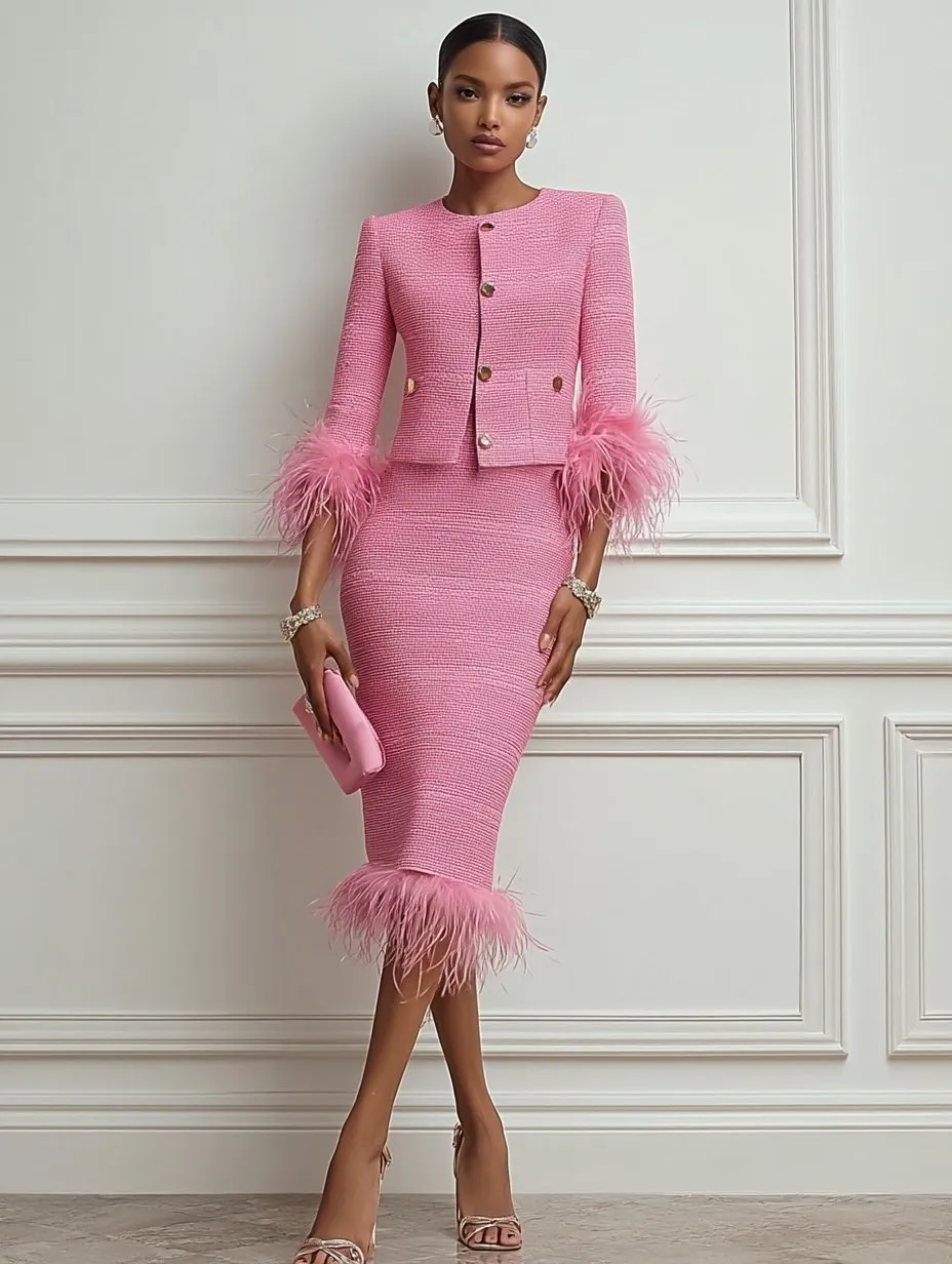 Women Tweed Rose Red Feather-trimmed Buckle Crew Neck Three Quarter Sleeve Dressy Coat With Skirt Two-Piece Set