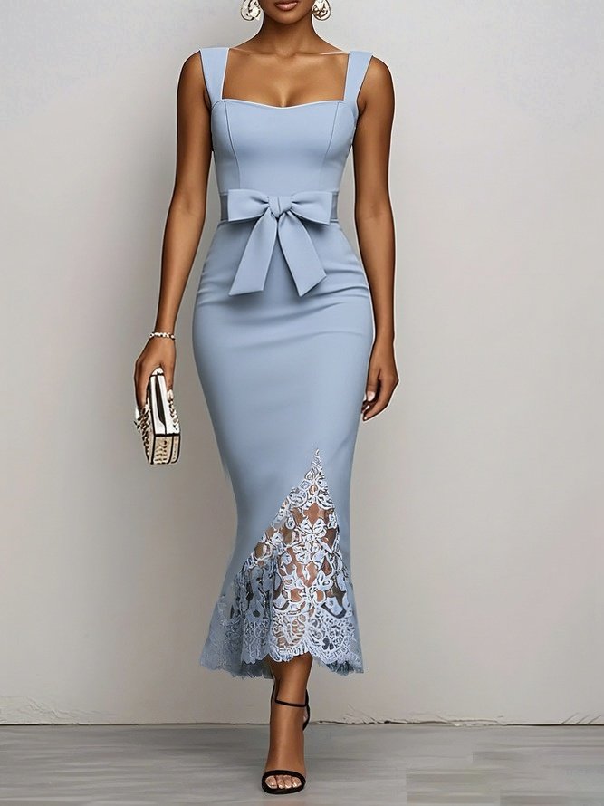Light Blue Bow Lace Classic Sweetheart Neckline Sleeveless Mermaid Maxi Dress - Light Blue