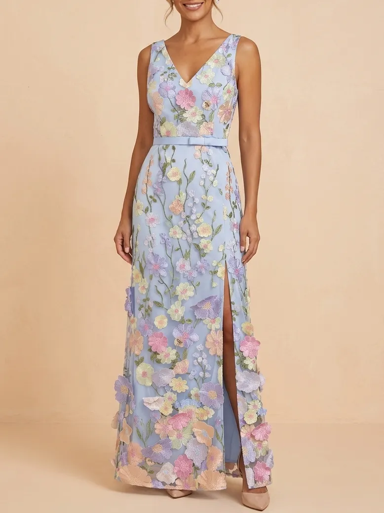 Elegant 3D Floral Applique Mother of the Bride Dress - Pastel Blue V-Neck Maxi Gown with Slit