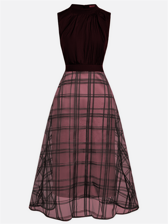 Wine Red Organza Plaid Classic Mock Neck Sleeveless A-Line Midi Dress