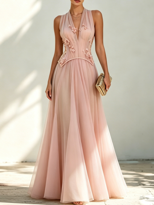 Green Chiffon V Neck Sleeveless A-Line Corset Floor-length Gown Dress