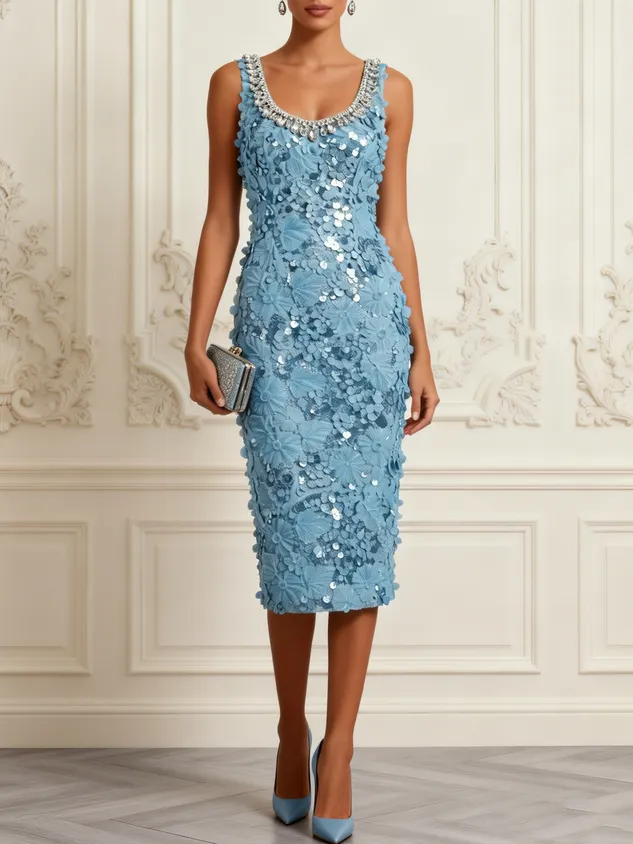 Light Blue Rhinestone 3D Floral Sequin U-Neck Sleeveless Sheath Midi Dress