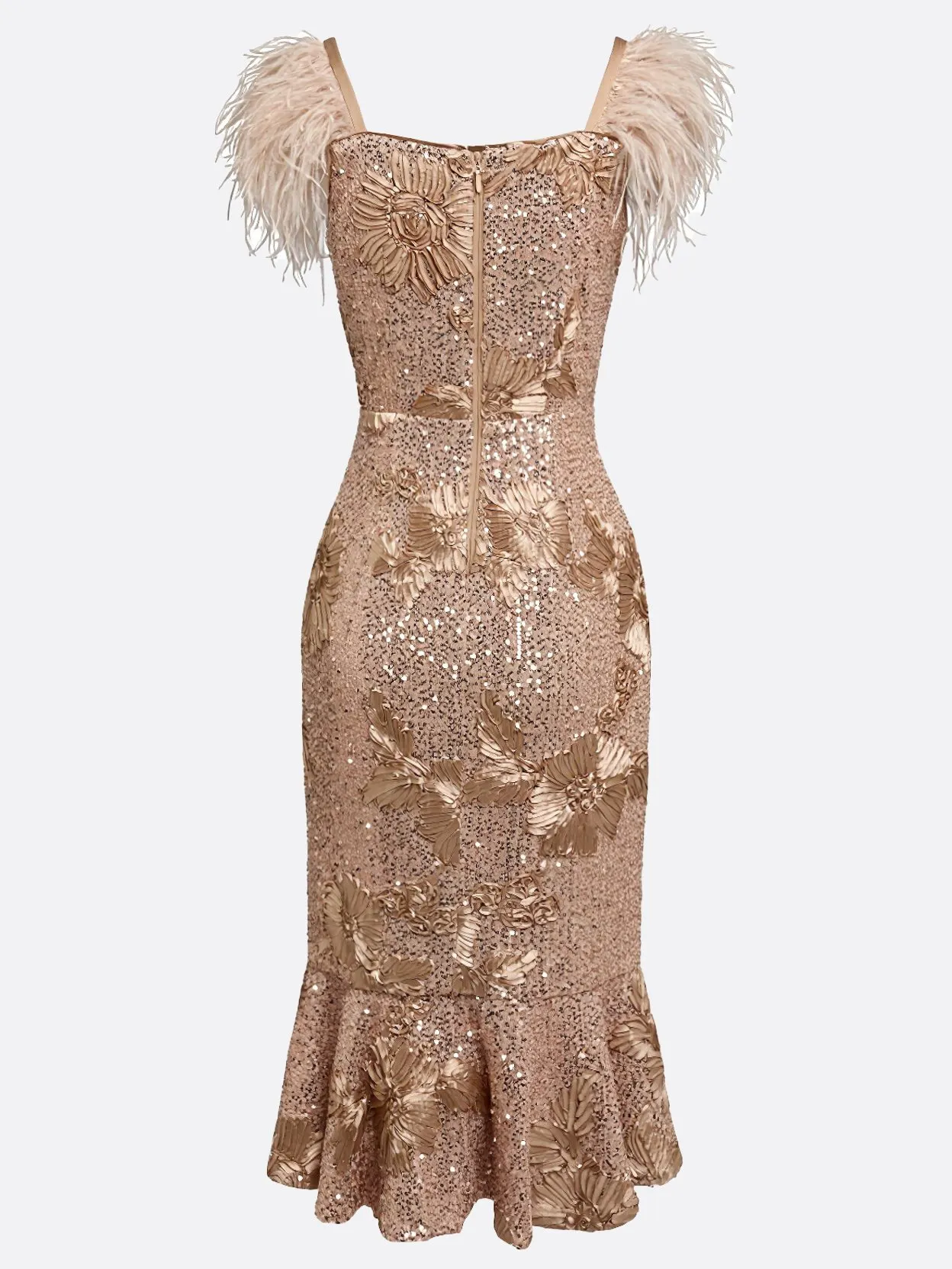 Champagne Feather 3D Floral Sequin Square Neck Sleeveless Mermaid Midi Dress