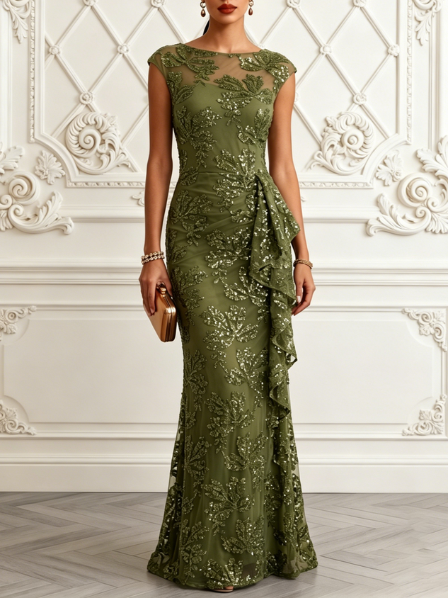 Wine Red Glitter Sequin Ruffled Sequin Boat Neck Sleeveless Mermaid Gown Dress