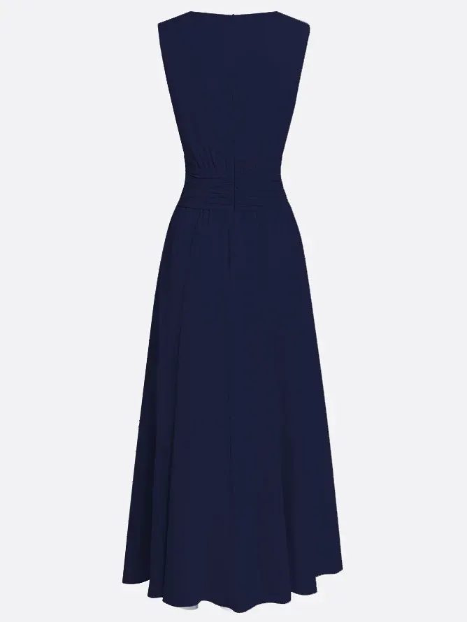 Navy Blue Ruched Chiffon Crew Neck Sleeveless A-Line Maxi Dress