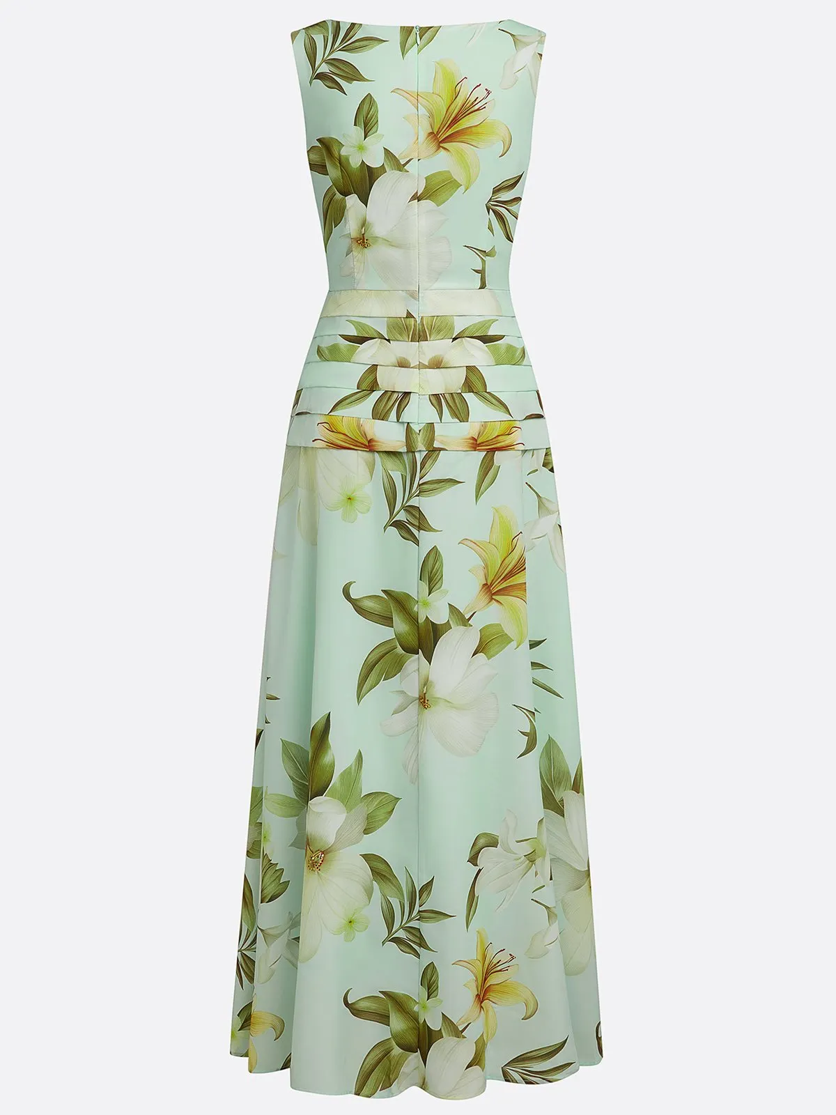 Light Green Floral Ruched Classic Boat Neck Sleeveless A-Line Floor-length Gown Dress