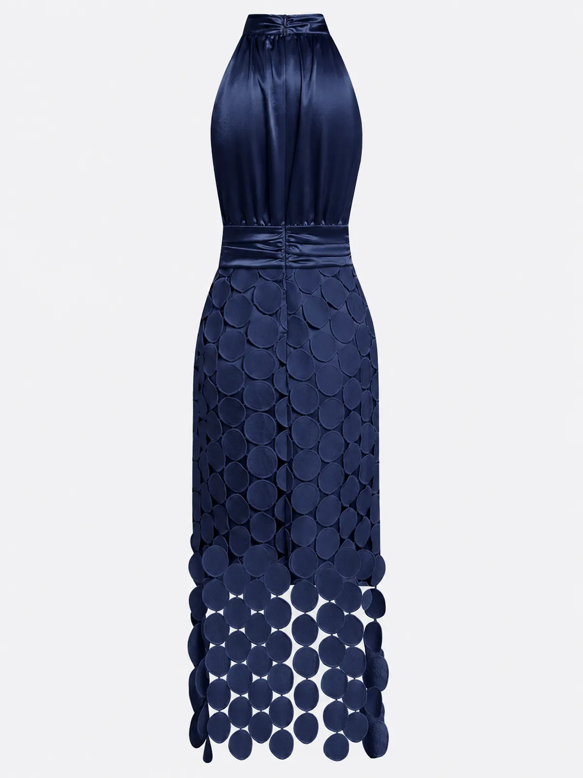 Purplish Blue Satin Halter Neck Ruched Sleeveless Midi A-Line Dresses