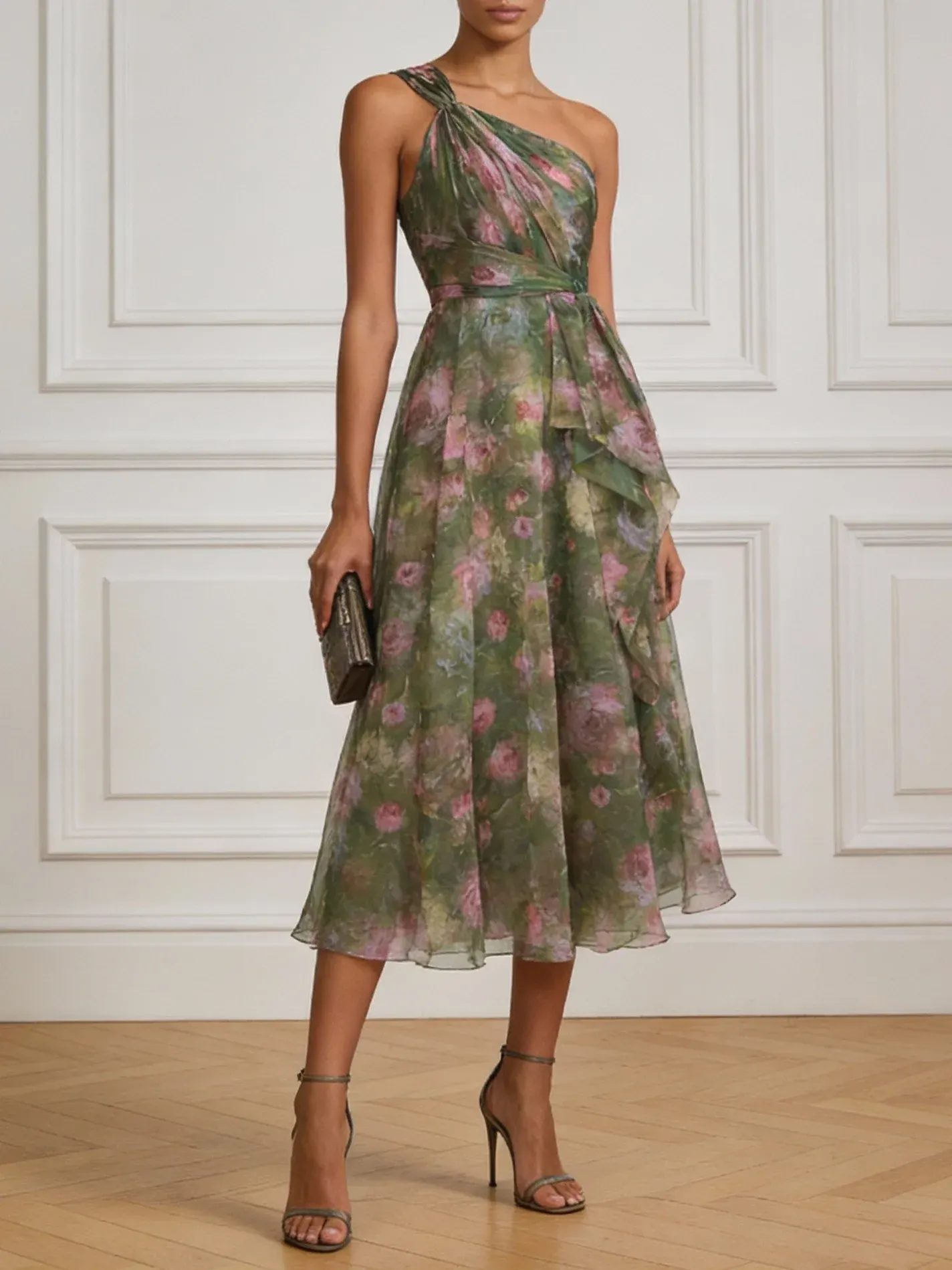 Green Floral Ruched Chiffon One Shoulder Sleeveless A-Line Midi Dress - Green