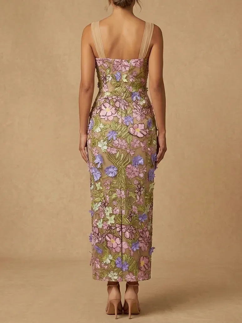 Elegant Pastel Floral Embroidered Mother of the Bride Maxi Dress with 3D Appliques - Pink