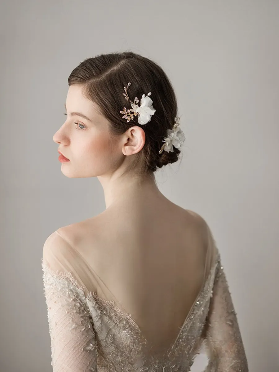 Super Fairy-like Flower Pearl Diamond Bridal Hairpin Wedding Dress Updo Hair Accessory - White