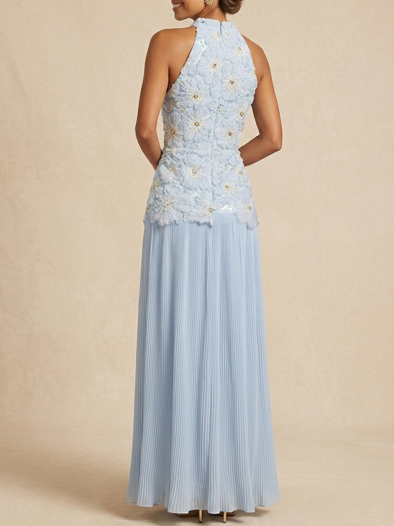3D Floral Applique Halter Pleated Maxi Dress | Elegant Mother of the Bride Gown - Light Blue