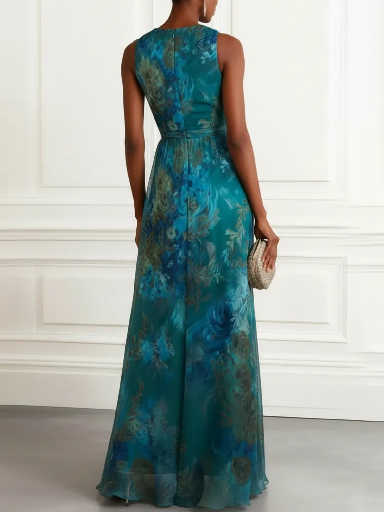 Green Floral Ruched Chiffon V Neck Sleeveless A-Line Maxi Dress