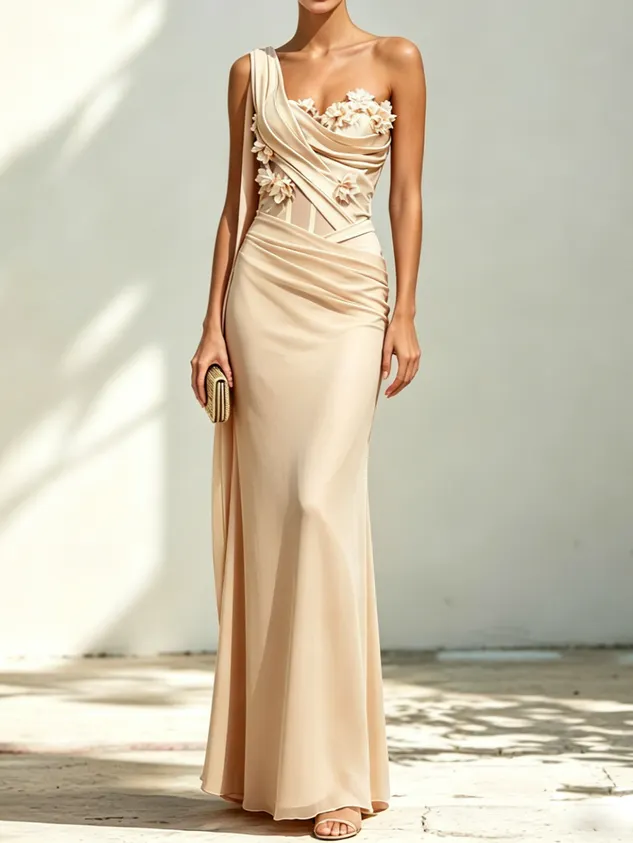 Pink 3D Floral Classic One Shoulder Sleeveless Corset Sheath Floor-length Gown Dress