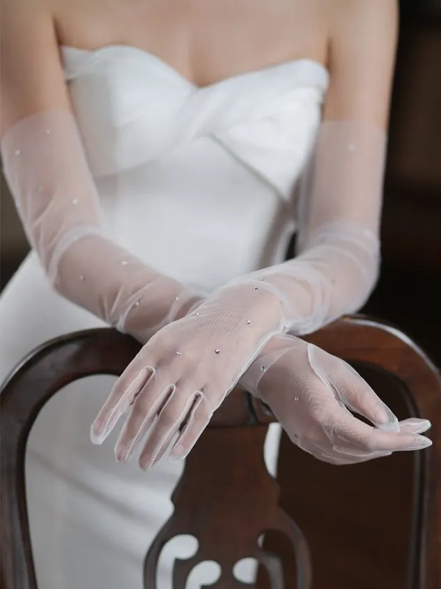 Elegant Sparkling Rhinestone Gloves For Brides Super Fairy-like White Wedding Evening Mesh Long Gloves