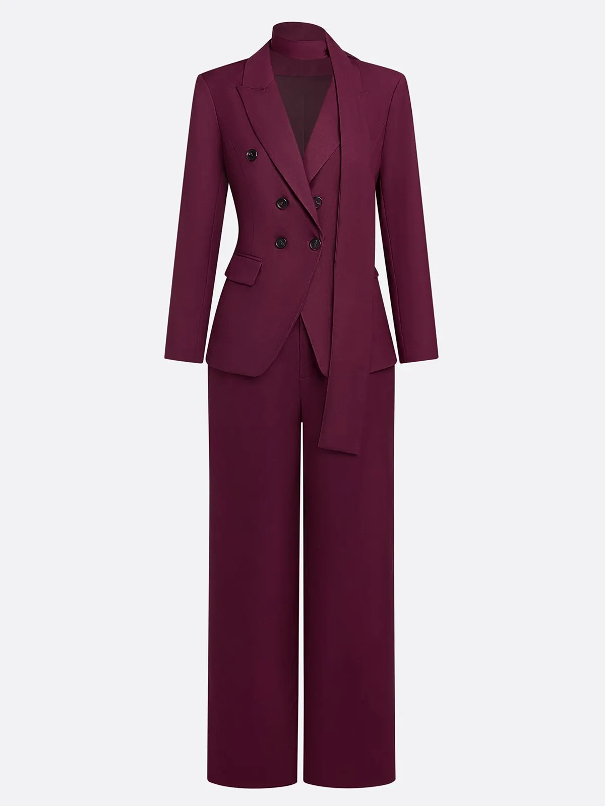 Women Wine Red Buckle Shoulder Pad Lapel Collar Long Sleeve Dressy Blazer With Pants Two-Piece Set