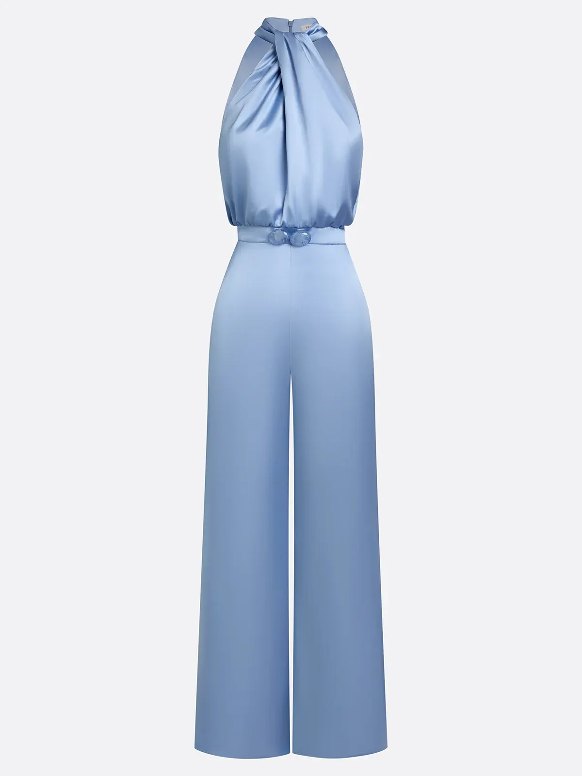 Women Blue Mock Neck Sleeveless Dressy Jumpsuit