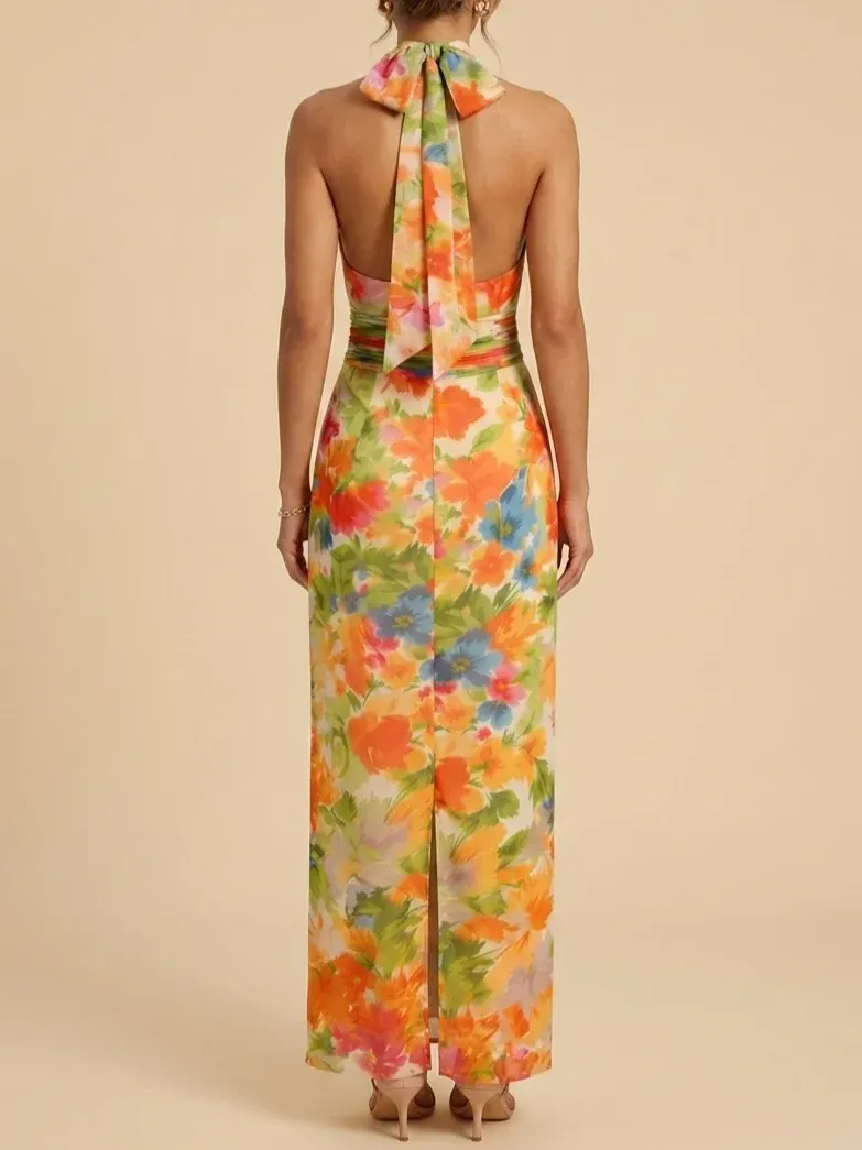 Elegant Floral Halter Chiffon Maxi Dress - Sophisticated Mother of the Bride & Groom Gown