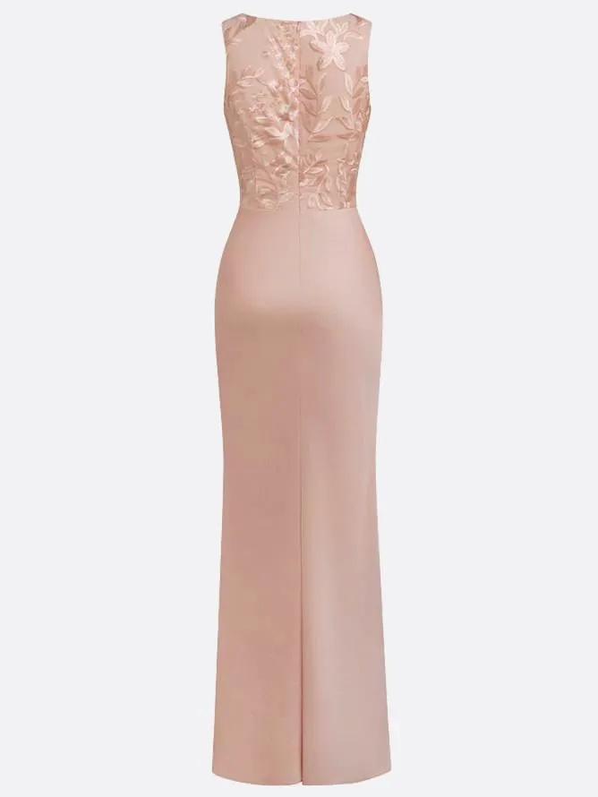 Light Pink Embroidery Satin Crew Neck Sleeveless Sheath Gown Dress