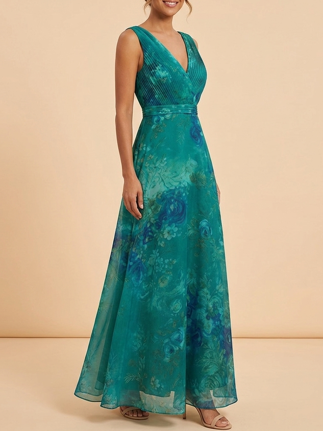 Elegant V-Neck Floral Maxi Dress - Chiffon Mother of the Bride Gown with Pleated Bodice