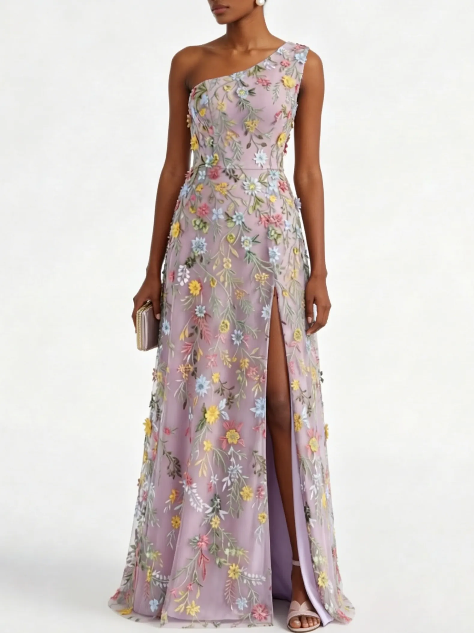 Light Purple Floral Embroidered Classic One Shoulder Sleeveless A-Line Floor-length Gown Dress