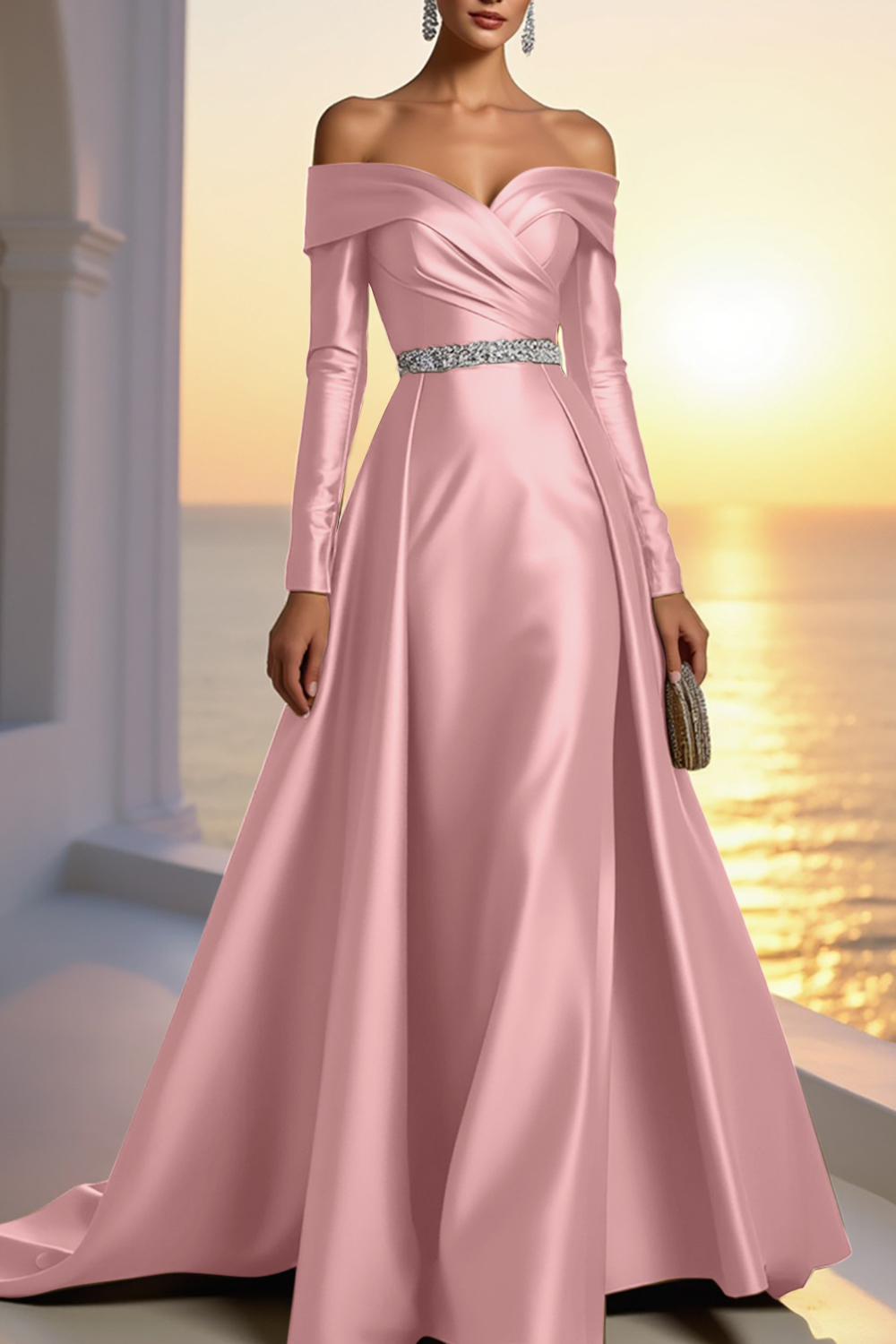 Formal Champagne Satin Dress Off The Shoulder Long Sleeve Maxi Gown