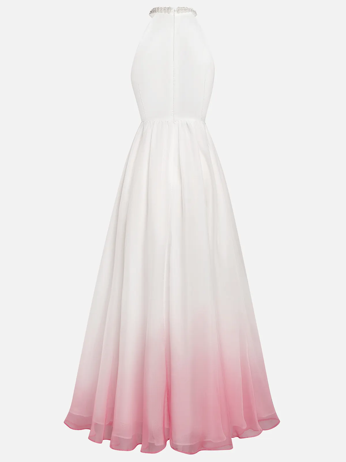 Pink Chiffon Halter Ombre Faux Pearl Cut Out Sleeveless A-Line Mock Neck Maxi Dress