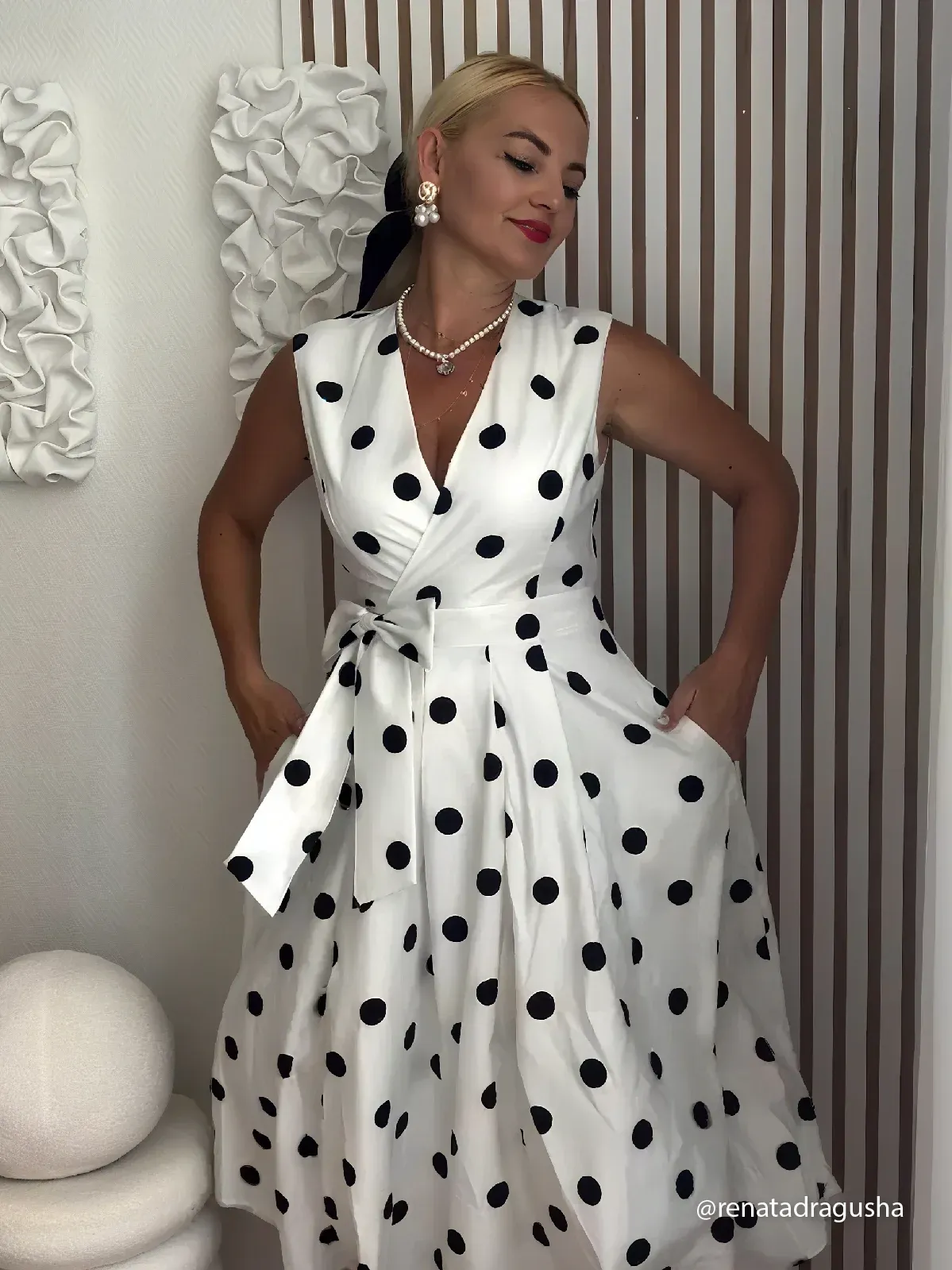 White Polka Dots V Neck Sleeveless A-Line Midi Dress
