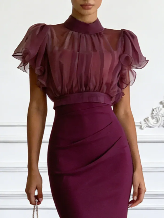 Women Burgundy Mock Neck Short Sleeve Dressy Dress With Top Two-Piece Set - Burgundy