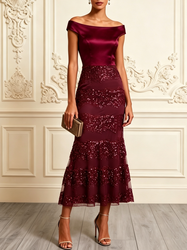 Burgundy Glitter Sequin Off The Shoulder Sleeveless Mermaid Maxi Dress