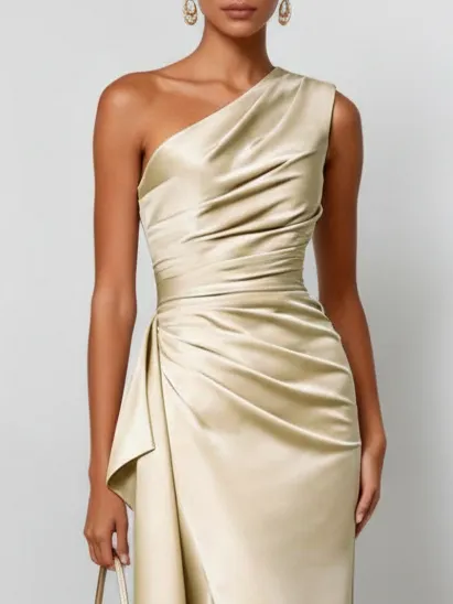 Champagne Ruffled Ruched Satin One Shoulder Sleeveless Sheath Floor-length Gown Dress