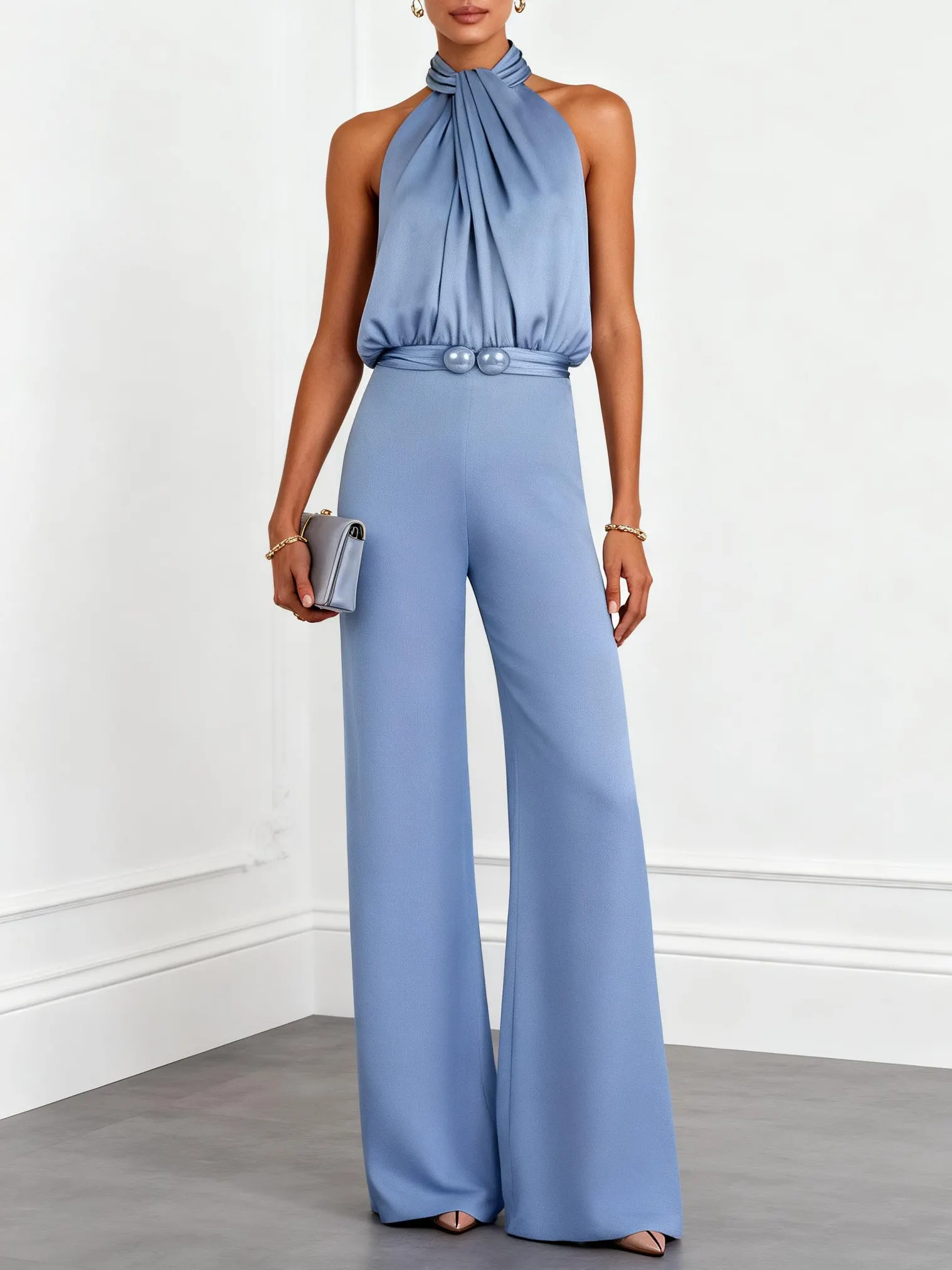 Women Blue Mock Neck Sleeveless Dressy Jumpsuit - Blue