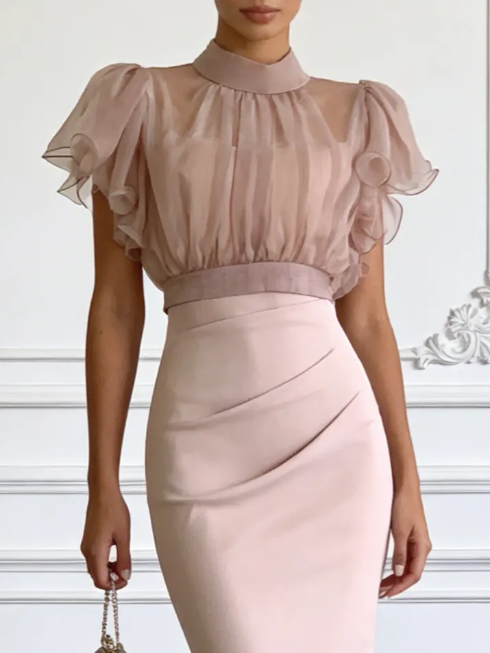 Women Pink Mock Neck Short Sleeve Dressy Dress With Top Two-Piece Set