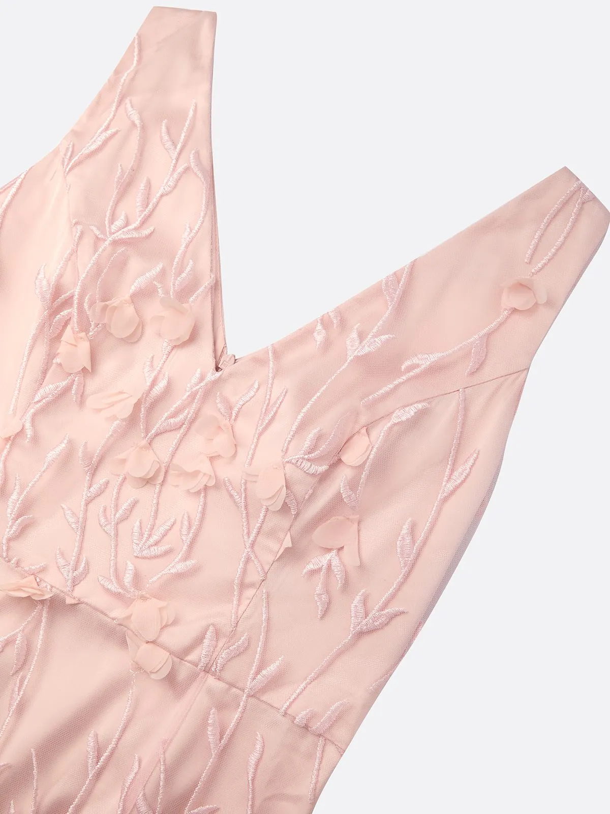 Light Pink 3D Floral Appliqué Embroidery Classic V Neck Sleeveless Mermaid Midi Dress