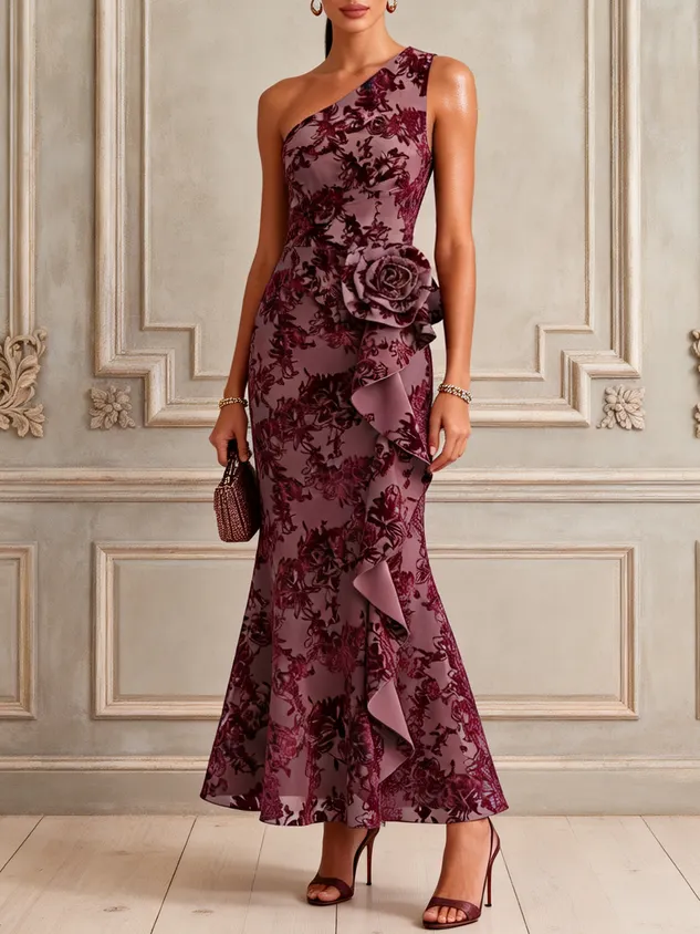 Burgundy Flocked 3D Floral Classic One Shoulder Sleeveless Mermaid Maxi Dress