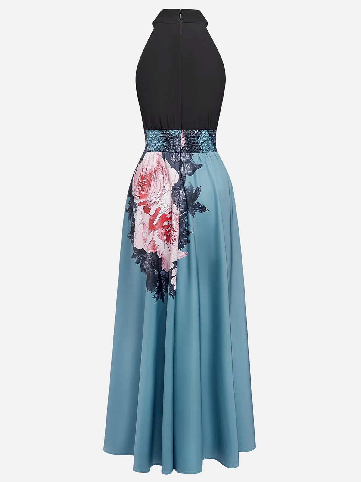 Black Cyan Floral Slit Satin Halter Neck Sleeveless A-Line Floor-length Gown Dress