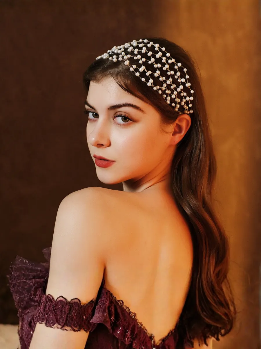 Handmade Beaded Pearl Mesh Wedding Dress Headbands For Brides - White
